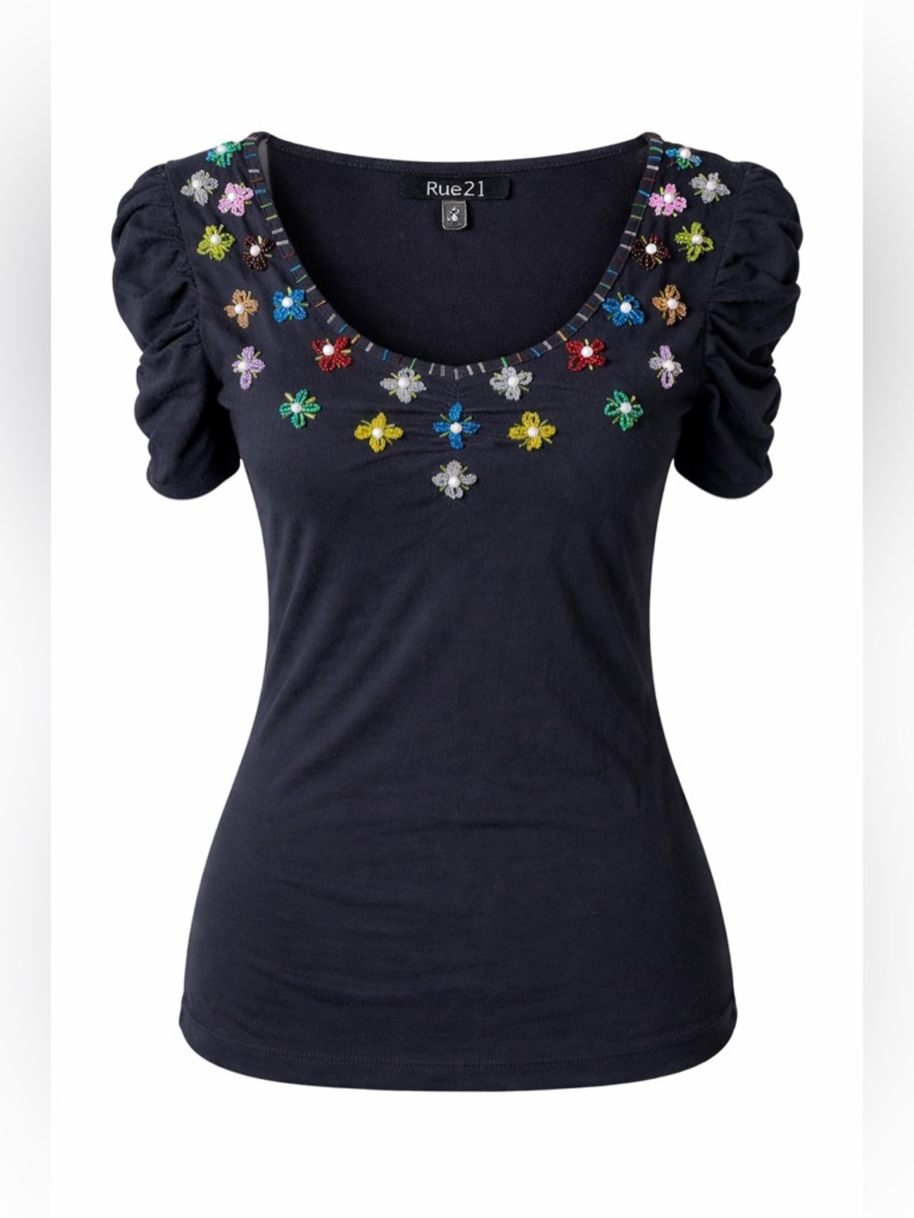 Rue21 Beaded Floral Top Y2K Fairycore Puff Sleeve Cottagecore Tee-Medium